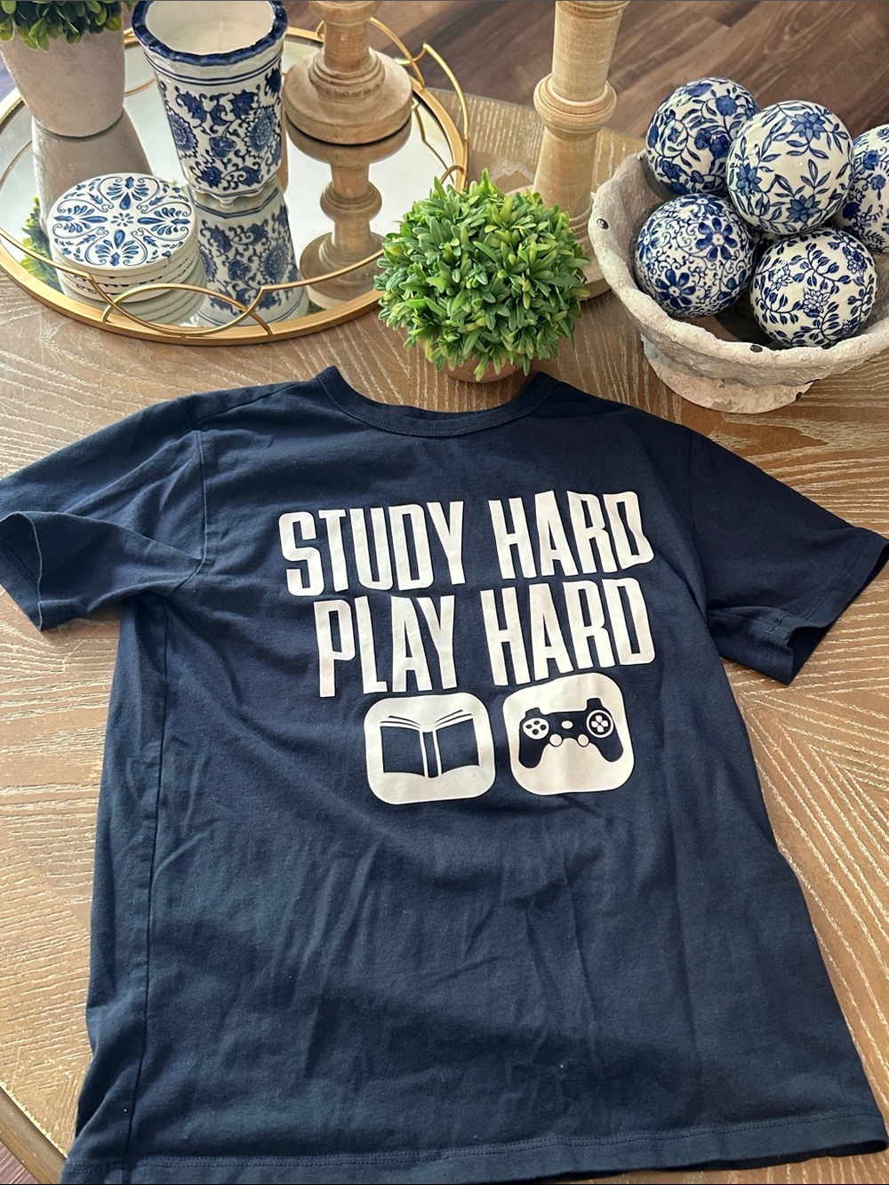 Kids Study Hard Play Hard Navy Blue School Graphic Tee Shirt Medium